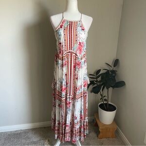 Xhilaration Boho White Maxi Dress with Pink Floral design and lace up sides